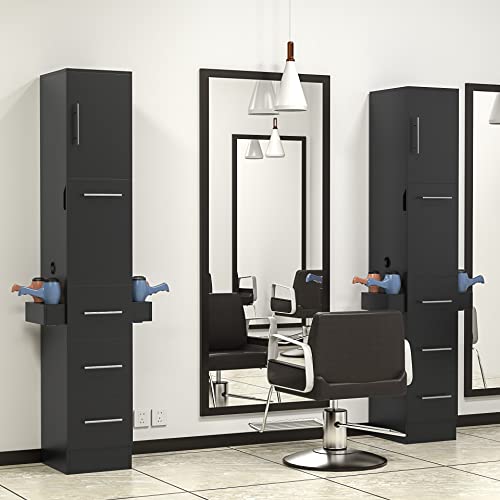 Beauty Salon Station, Salon Stations for Hair Stylist w/3 Drawer & 1 Large Cabinet, Barber Stations with 10 Hair Dryer Holders, Spa Salon Equipment Set (White)