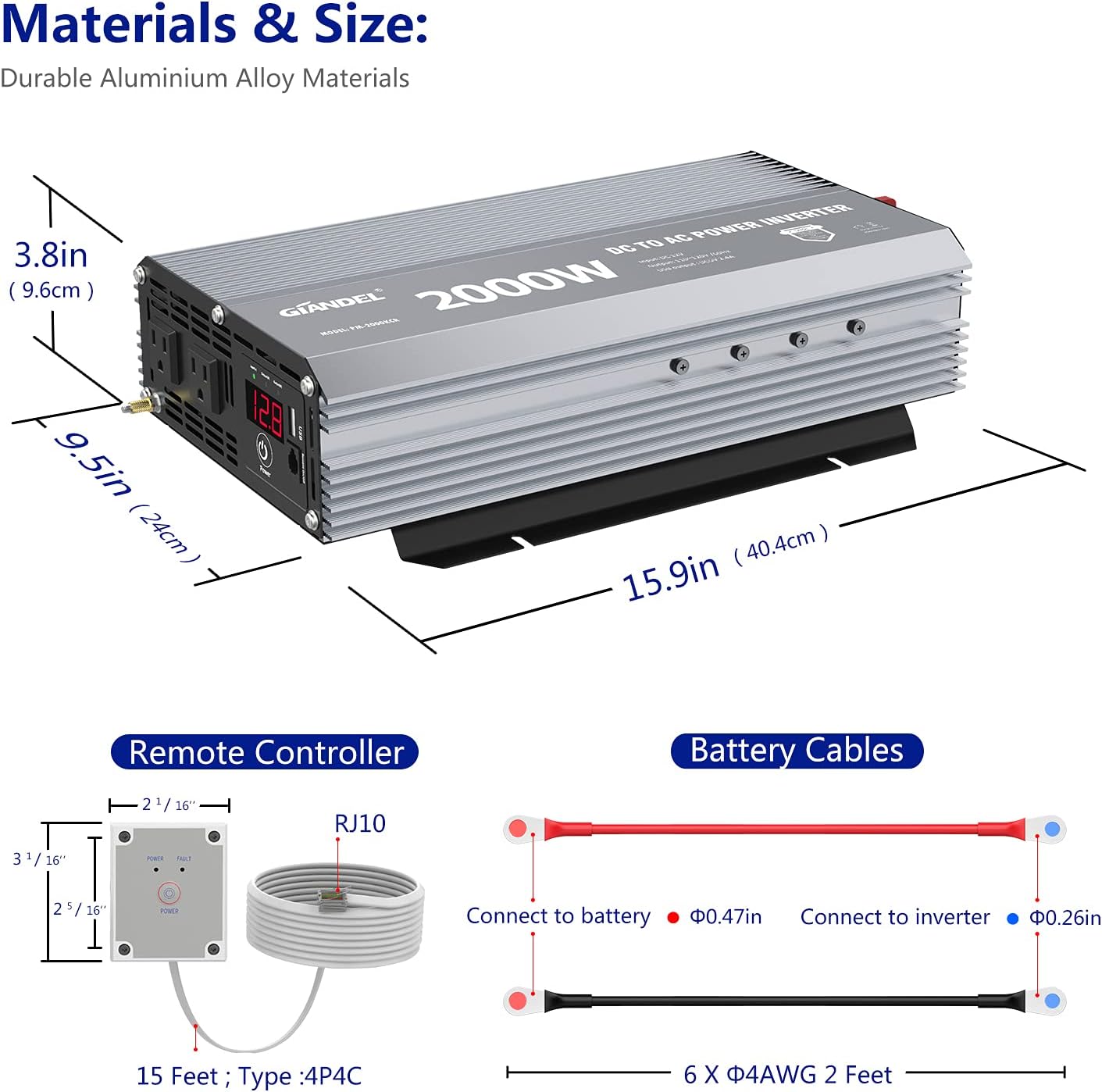 GIANDEL Power Inverter Pure Sine Wave 600Watt 12V DC to 110V 120V with Remote Control Dual AC Outlets and USB Port for RV Car Solar System Emergency