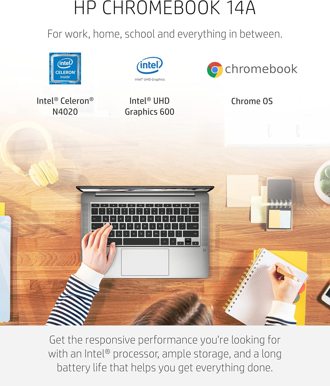 HP Chromebook 14 Laptop, Intel Celeron N4020, 4 GB RAM, 32 GB eMMC, 14” HD Micro-Edge Display, Chrome OS, Thin & Portable, 4K Graphics, Backlit Ash Gray Keyboard (14a-na0024nr, 2021, Mineral Silver)