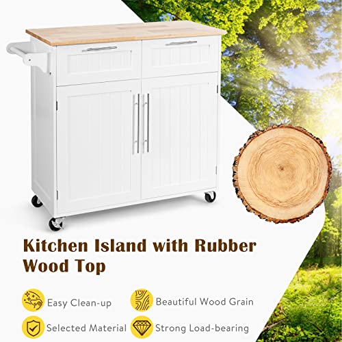 Topment Rolling Kitchen Island Cart Storage Trolley Multipurpose Serving Cart with Storage,Lockable Wheels,Towel Rack and Rubber Wood Top(White)