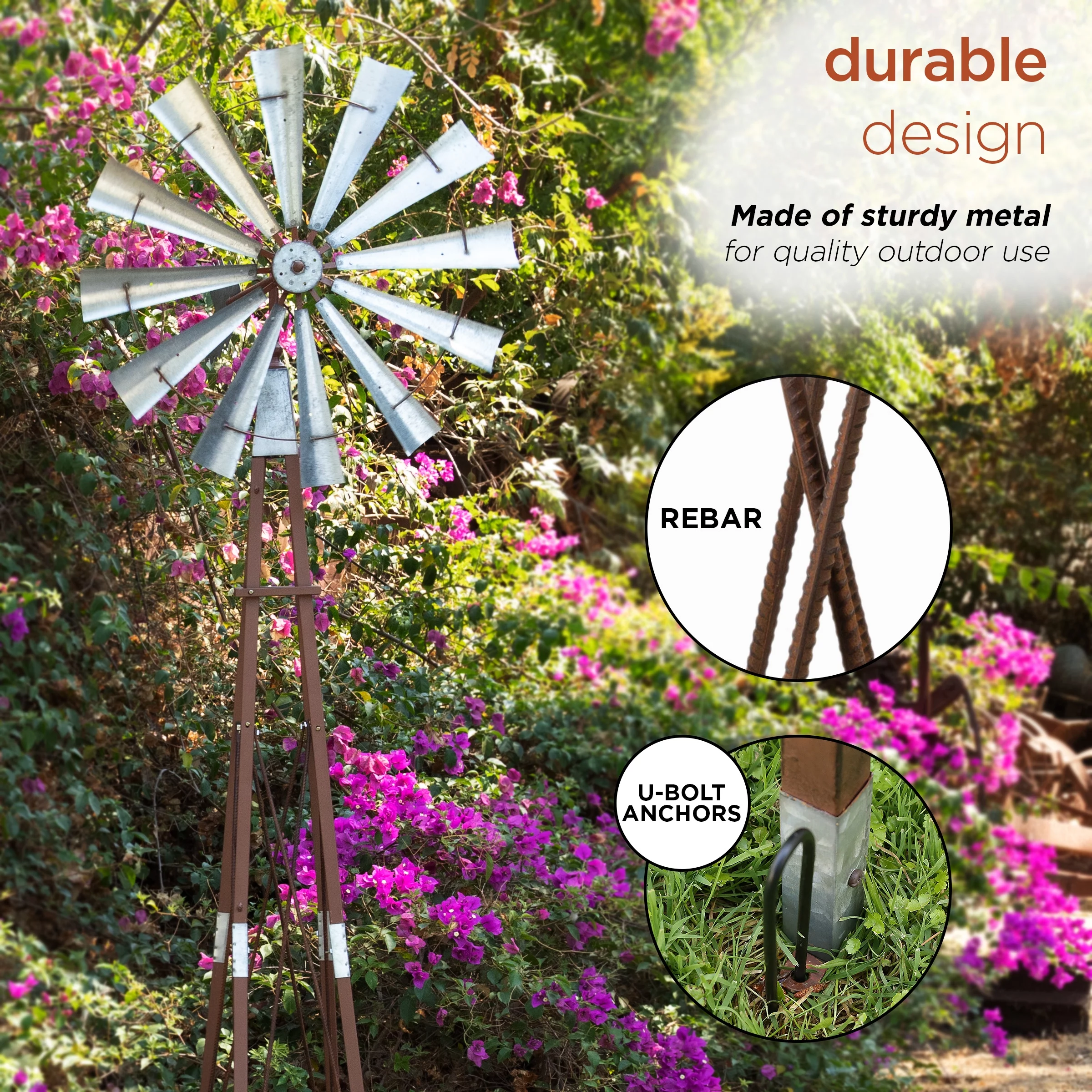 Alpine Corporation 32" x 38" x 101" Galvanized Metal Kinetic Windmill, Silver/Brown