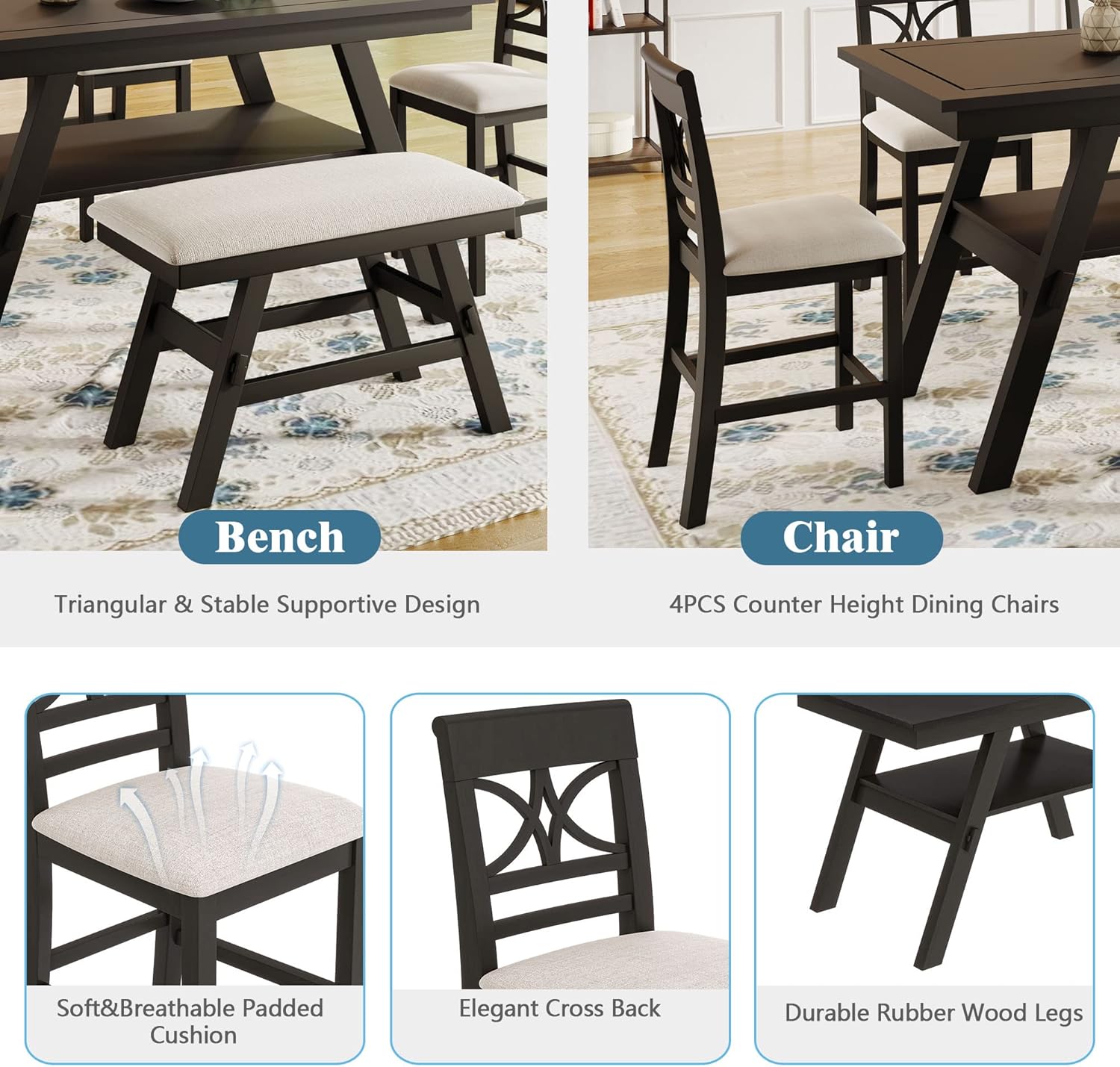 LUMISOL Dining Table Set for 6, Farmhouse Kitchen Table Set with Storage Shelf, 4 Upholstered Chairs and 1 Bench, 6 Piece Counter Height Dining Table Set for Kitchen, Dining Room, Espresso+ Beige