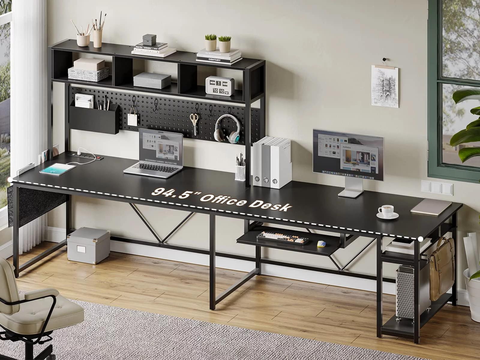 Afuhokles L Shaped Gaming Desk, Reversible 94.5" Office Desk with Power Outlet and Pegboard, Gaming Desk with Led Light, Keyboard Tray and Storage Bag for Home Office, Black