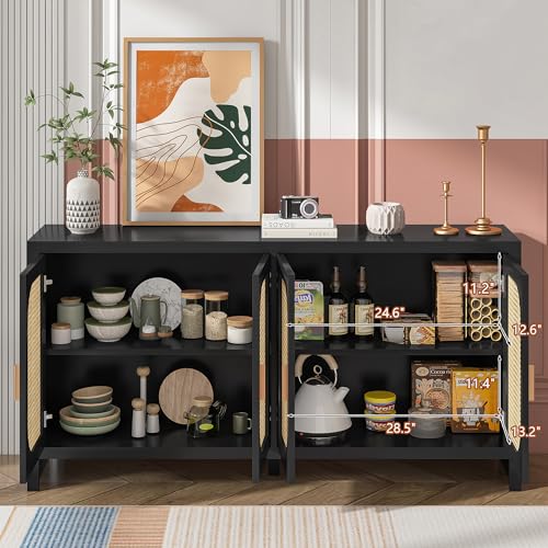 Sideboard Buffet Cabinet with 4 Rattan Doors,Accent Cabinet with Storage,Wood Modern Coffee Bar Cabinet Console Table,with Adjustable Shelves,Dining Room,Kitchen,Living Room,Entryway,Black