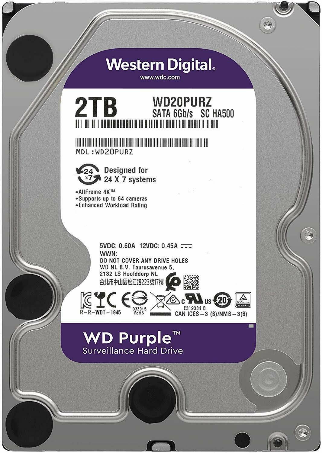 WD Purple 2TB Surveillance Hard Drive - 5400 RPM Class, SATA 6 Gb/s, 64 MB Cache, 3.5 inch - WD20PURZ