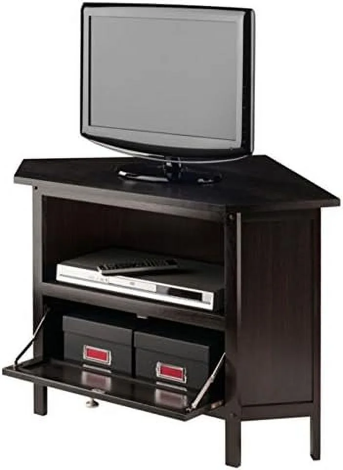 Wood Zena Corner TV Media Stand - Espresso, 27" TV Capacity, Open Shelf & Pull-Down Door, Wire-Access Grommet, Easy Assembly, 34.65" W X 23.94" D X 22.28" H