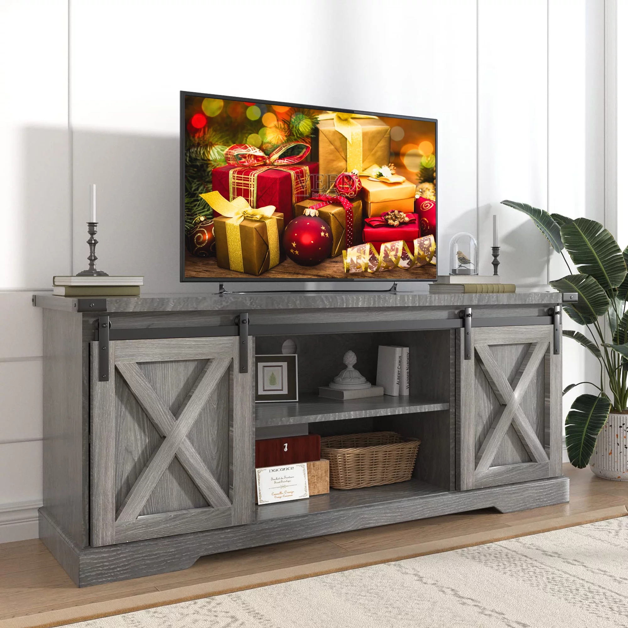 Chvans Farmhouse Barn Door TV Stand for up to 65 TVs /23 Electric Fireplace, Entertainment Center Console Table with Adjustable Shevles(58)
