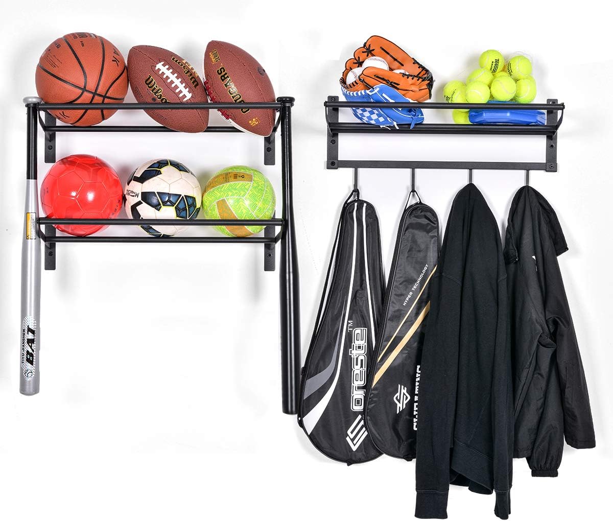 Sunix Garage Sports Equipment Storage, Basketball Rack with 3 Racks, Sports Equipment Organizer Wall Mount Shelf with 4 Hooks for Rackets, Sports Equipment Storage Rack, Basketball Rack Pack of 2