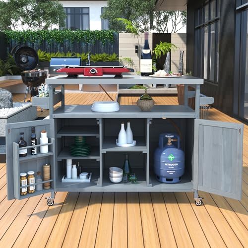 Outdoor Kitchen Island,Rolling Bar Cart & Storage Cabinet,Solid Wood Grill Table with Stainless Steel Top and Internal Storage Racks,for Patio Kitchen & Barbecue (Natural@Grill Table)