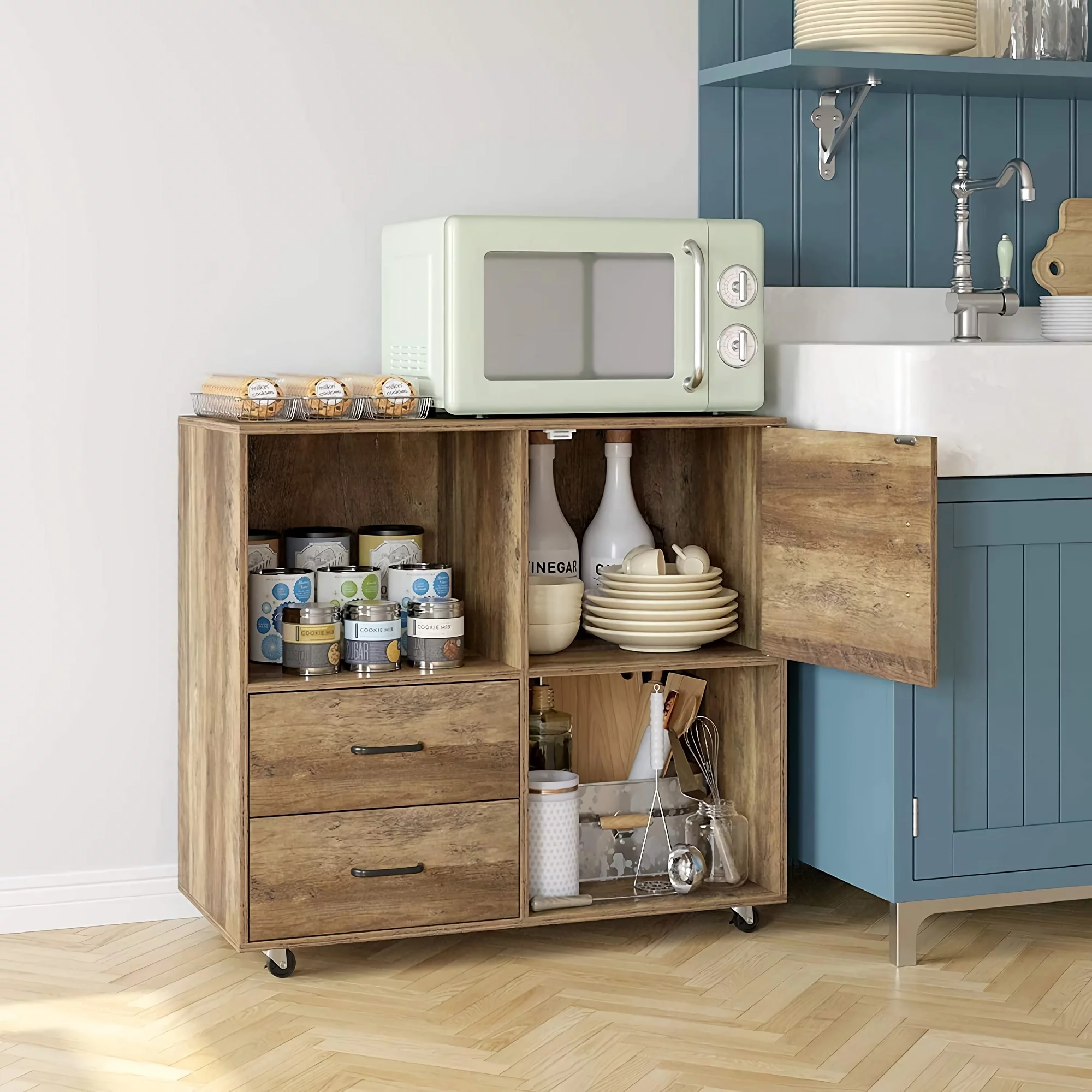 Wooden File Cabinet, Lateral Filing Cabinet Printer Stand with Wheels, 2 Drawers, Storage Shelves, Door Cabinet for Home, Office