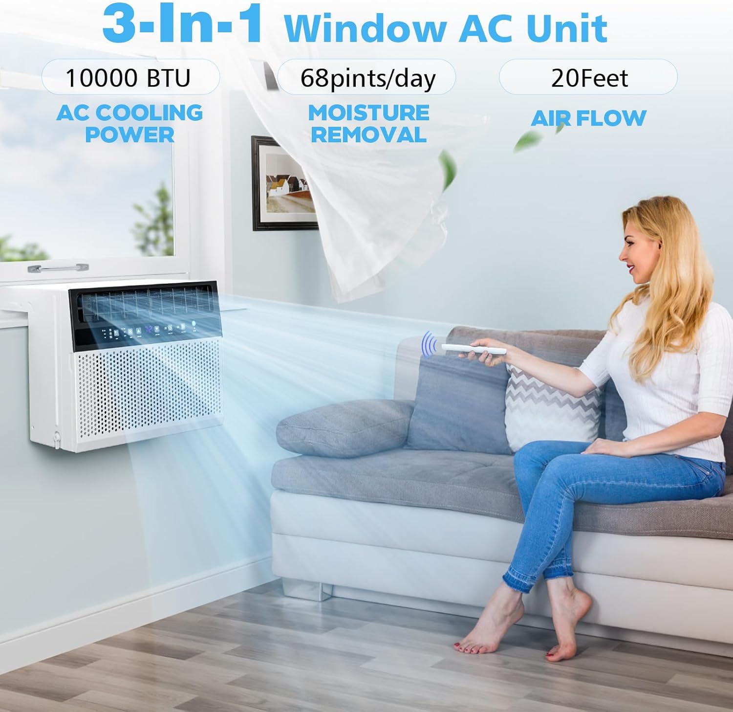 Joy Pebble Window Air Conditioner 10000 BTU, 3 in 1 Ac Window Unit for Room Cools up to 450 Sq.Ft,Dehumidifier&Fan with Energy Saving mode,3 Fan Speeds& Quiet Operation