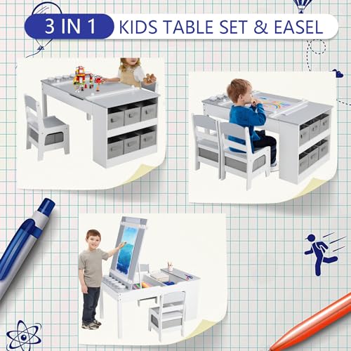 Kinder King Kids Art Table & Easel Chair Set, 3 in 1 Wood Children Activity Table, 6 Storage Bins, Paper Roll, Paint Cups, Toddler Craft and Play Table for Art, Drawing, Reading, Playroom, Natural