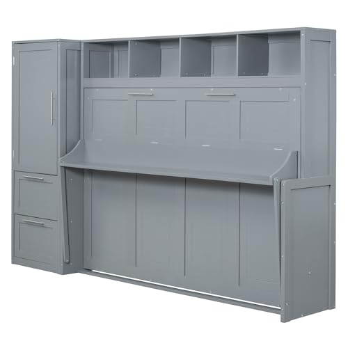 SOFTSEA Queen Size Horizontal Murphy Bed, Queen Murphy Bed with Desk Wardrobe Storage Shelf, Queen Hideaway Wall Bed with Drawers Space-Saving for Guest Room Bedroom or Office, Gray