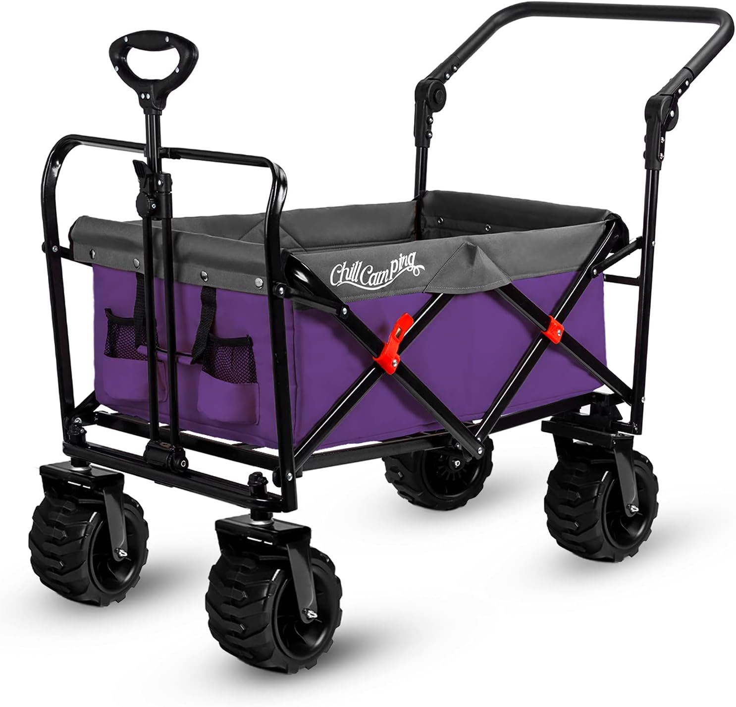 Push and Pull Beach Wagon with Big Wide Rubber Wheels, All Terrain Heavy Duty Grocery Cart Utility Collapsible Wagon for Outdoor Garden Picnic Beach Sports Camping, Purple