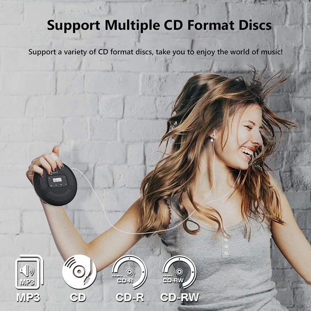 HOTT CD903TF Portable CD Player for Car 1800mah Rechargeable HiFi Bluetooth 5.0 FM Transmitter Anti-Skip Shockproof with AUX Output TouchButtons ,Headphones Anti-Shock Protection-Black