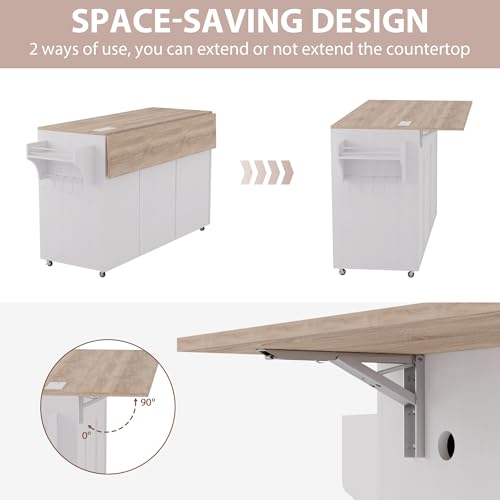 Kitchen Island on Wheels with Storage and Power Outlet, Kitchen Island with Trash Can Storage Cabinet and Drop Leaf, with Spice Rack & Towel Rack, Rolling Island Cart for Kitchens (Black)