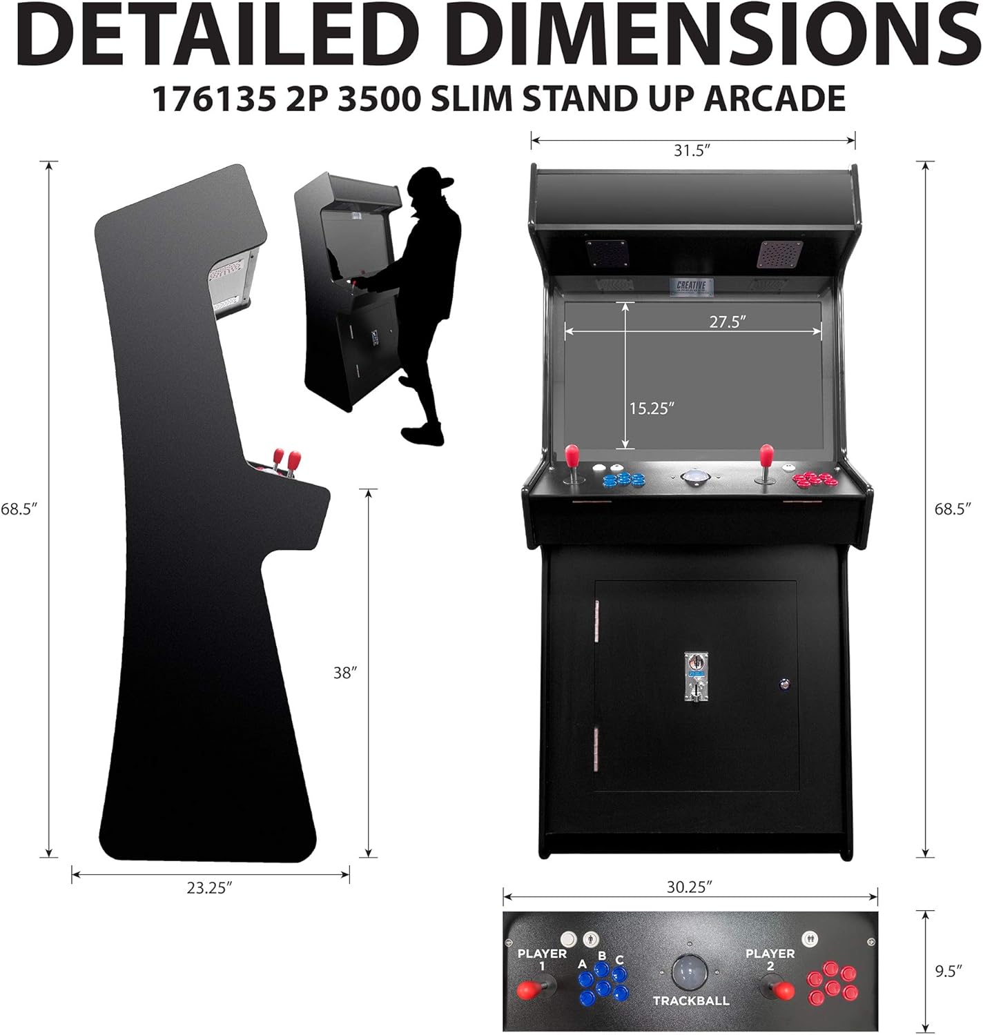 Creative Arcades Full Size Stand-Up Commercial Grade Arcade Machines | 2 Player | 3500 Games | 32" LCD Screen | 2 Sanwa Joysticks | Trackball | 3 Year Warranty