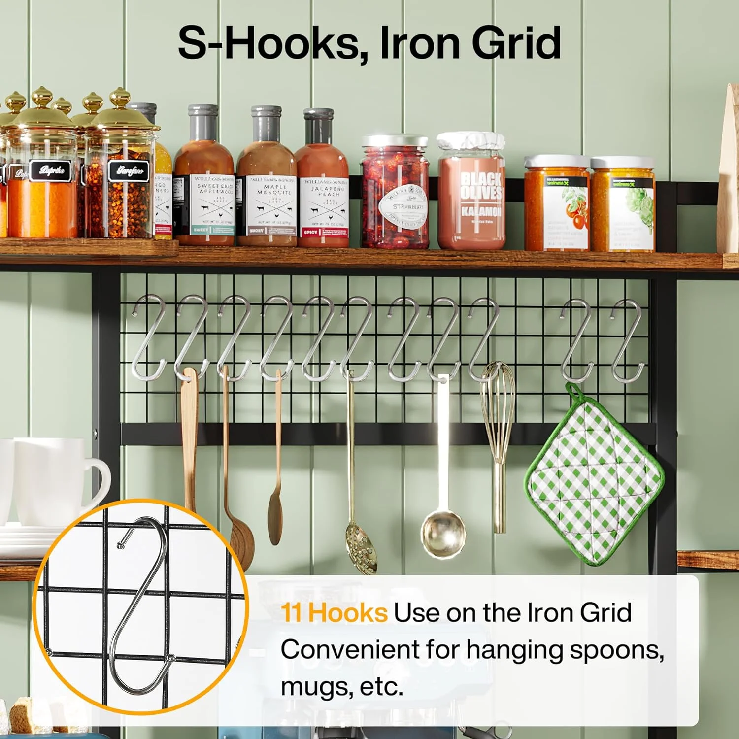 Tribesigns Large Bakers Rack, 55" Wide Kitchen Hutch Cabinet Microwave Stand with 11 Hooks, 5-Tier Baker's Rack Kitchen Storage Shelf Rack with Hutch, Rustic Brown