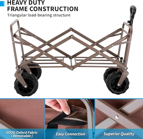 kejector Collapsible Wagon Cart - Heavy Duty Foldable 360-Degree Swivel Wheels Beach Wagon with Side Pockets, Adjustable Handle, Utility 140l Capacity Portable Cart for Camping, Sports, Black