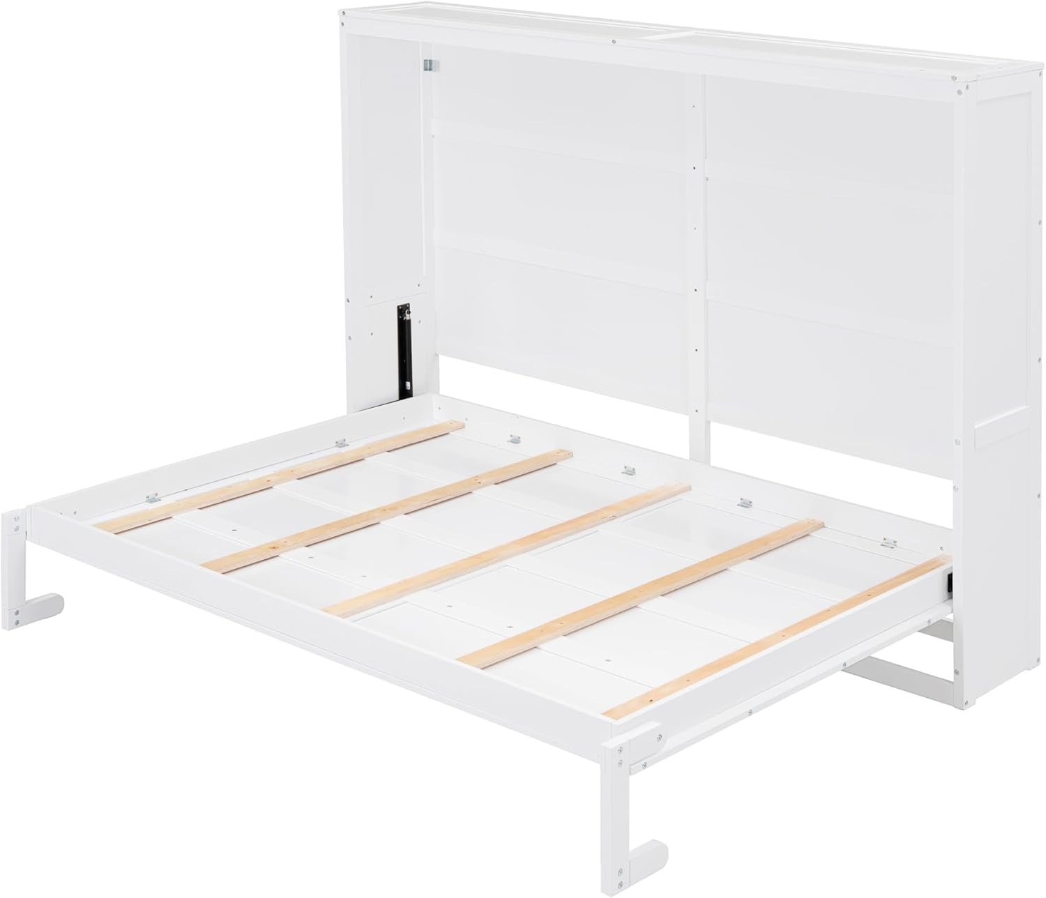 Queen Size Murphy Bed Wall Bed, Solid Wood Platform Bed with Wooden Support Slats, Versatile Murphy Cabinet Bed for Guest Room Home Office Small Room (White + Plywood+Queen)