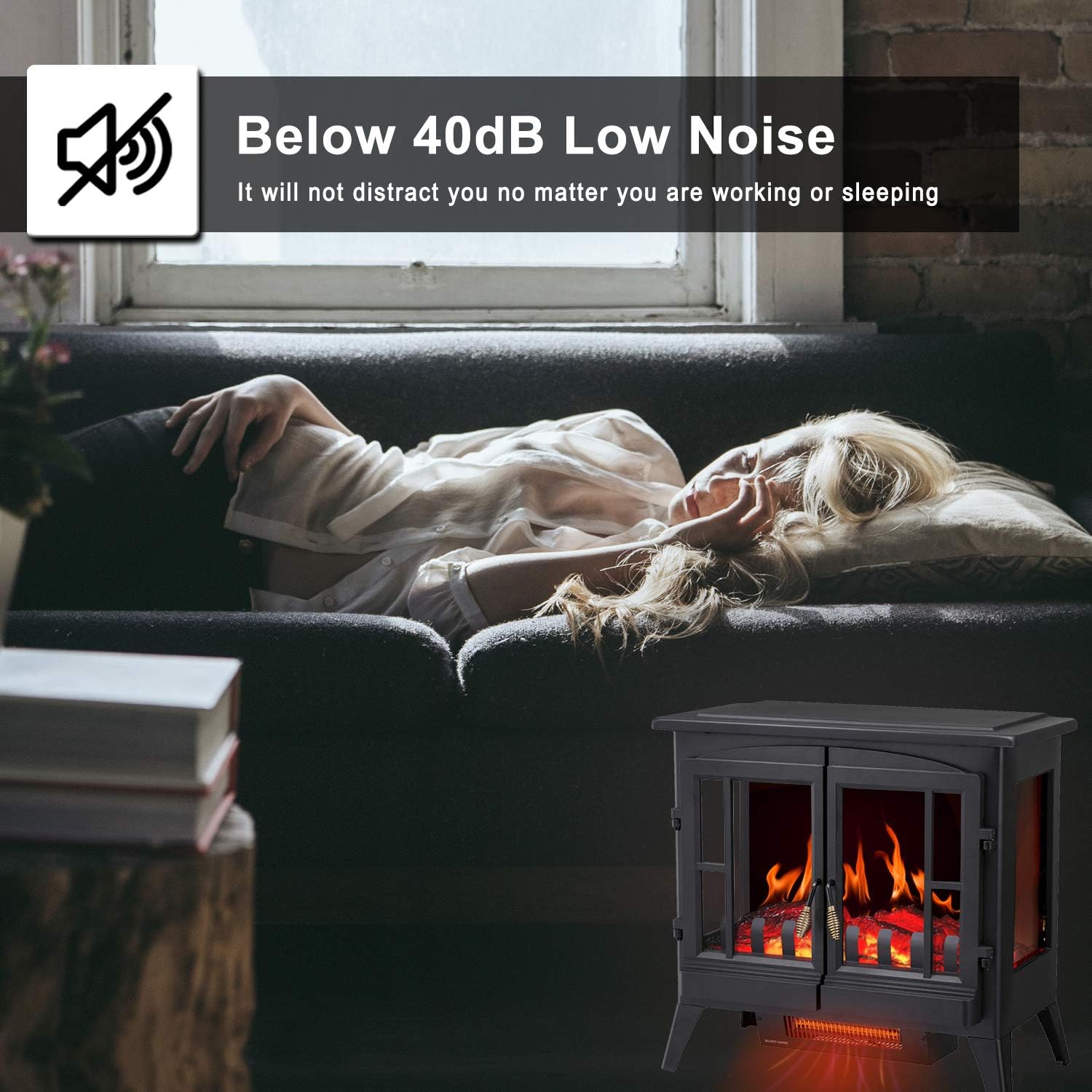 R.W.FLAME Electric Fireplace Infrared Stove Heater, 23" Freestanding Fireplace Heater, 3D Realistic Flame Effects, Adjustable Brightness and Heating Mode, Overheating Safe Design, 1000W/1500W, Black