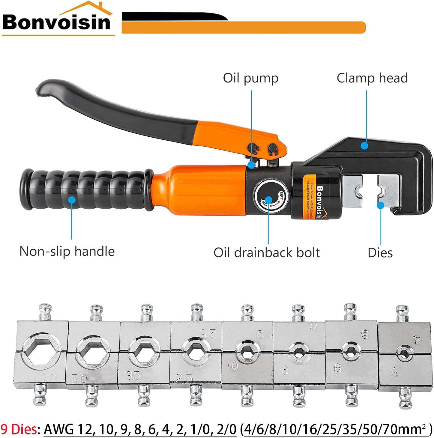 Bonvoisin Hydraulic Wire Crimper Battery Cable Crimper awg 12-2/0 awg Lug Crimping Tool with 9 Dies for Copper Aluminum Lugs Terminals Pack of 2