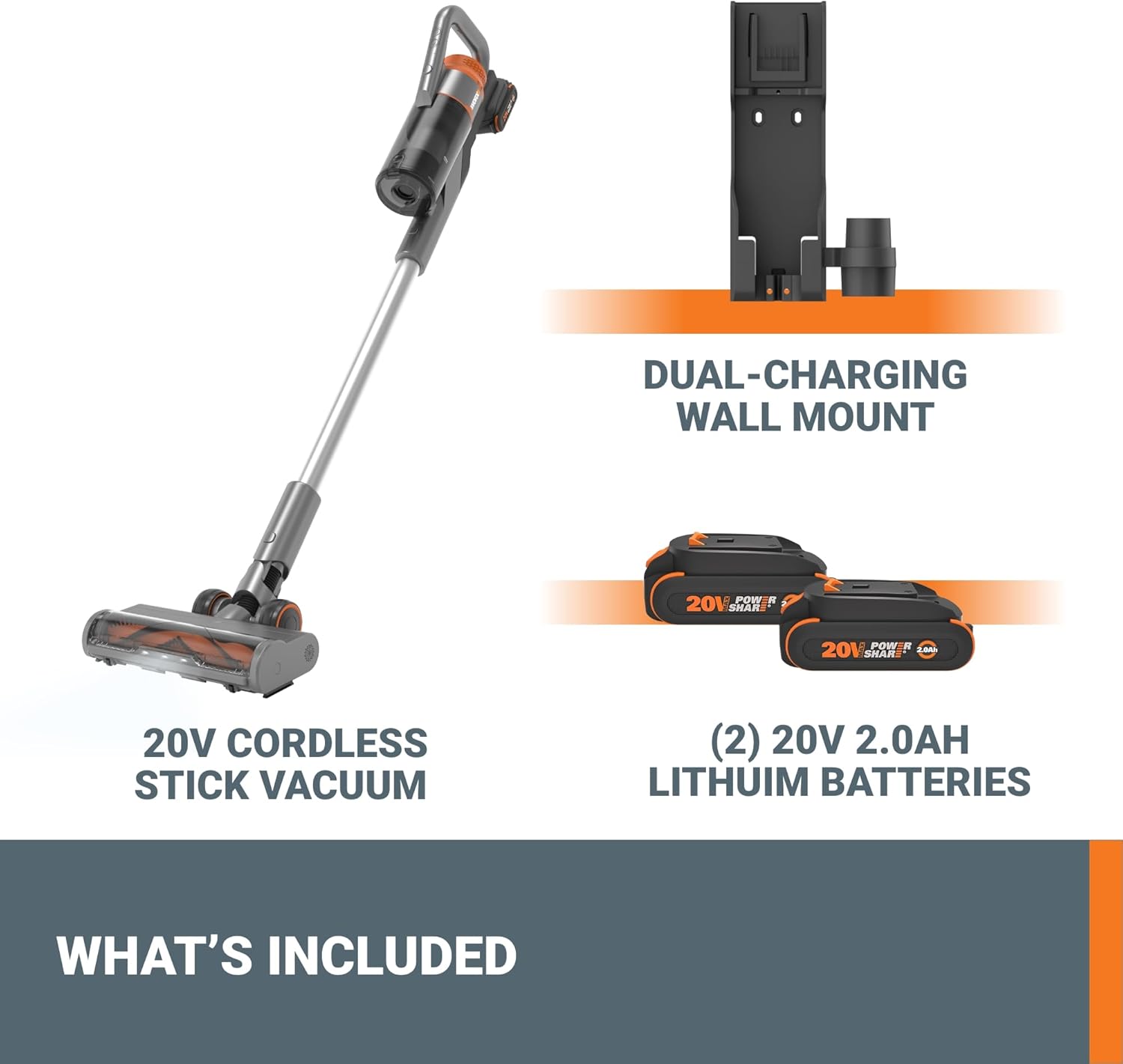 WORX 20V Cordless Stick Vacuum, Powerful Cordless Vacuum Cleaner 25Kpa High Suction for Pet Hair, Lightweight Handheld Vacuum Cleans Floors Carpet Car – 2 Batteries & Wall-Mount Charger Included