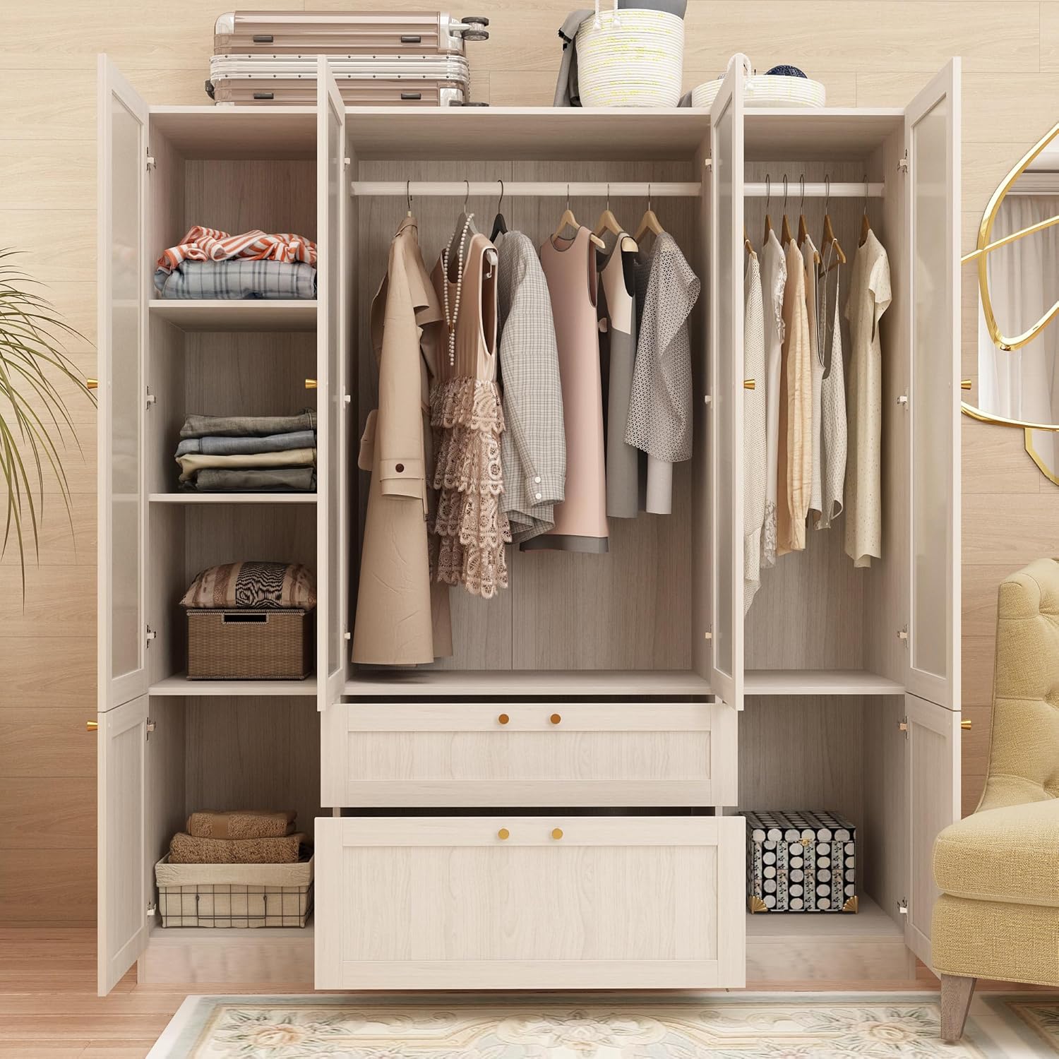 Homsee Armoire Wardrobe Closet with 4 Frosted Glass Doors, Hanging Bars, Shelves & Drawers, Wooden Closet Storage Cabinet for Bedroom, Warm Grey (63”L x 19.7”W x 70.9”H)