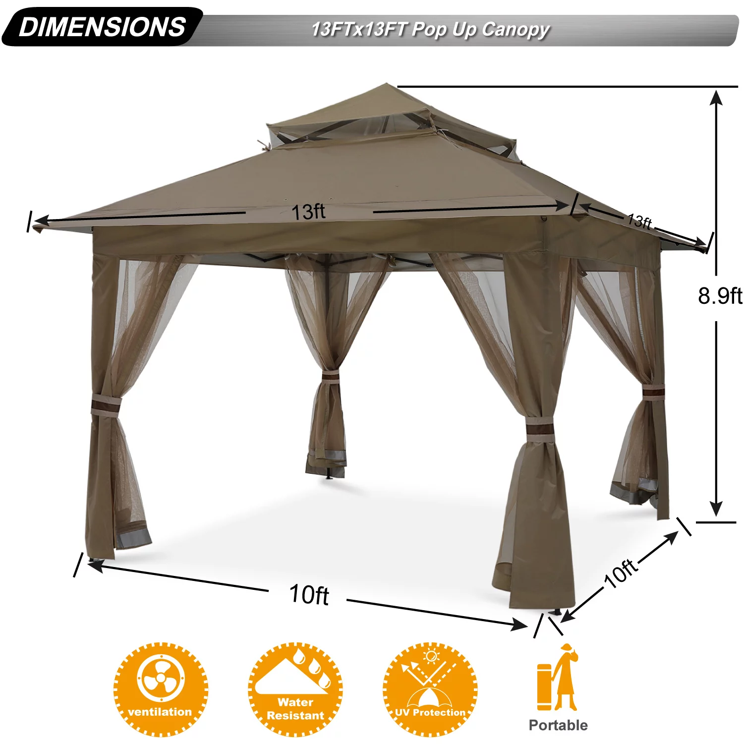 ABCCANOPY 13'x13' Gazebo Tent Outdoor Pop up Gazebo Canopy Shelter with Mosquito Netting, Brown