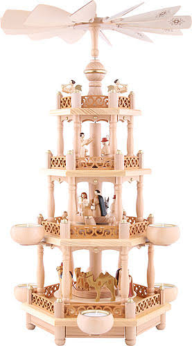German Christmas Pyramid Nativity Scene, 3-tier, Height 55 cm / 22 inch, Natural with Tealights, Original Erzgebirge by Richard