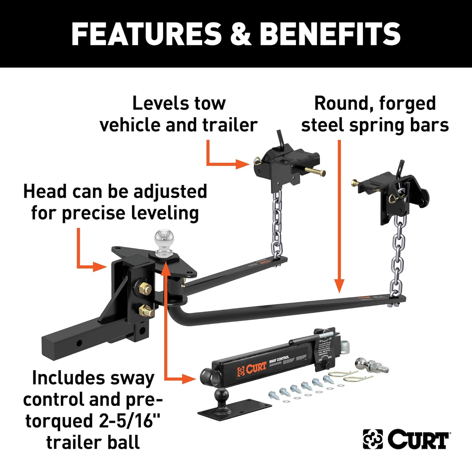 CURT 17063 Round Bar Weight Distribution Hitch with Integrated Lubrication and Sway Control, Up to 14K, 2-In Shank, 2-5/16-Inch Ball , Black