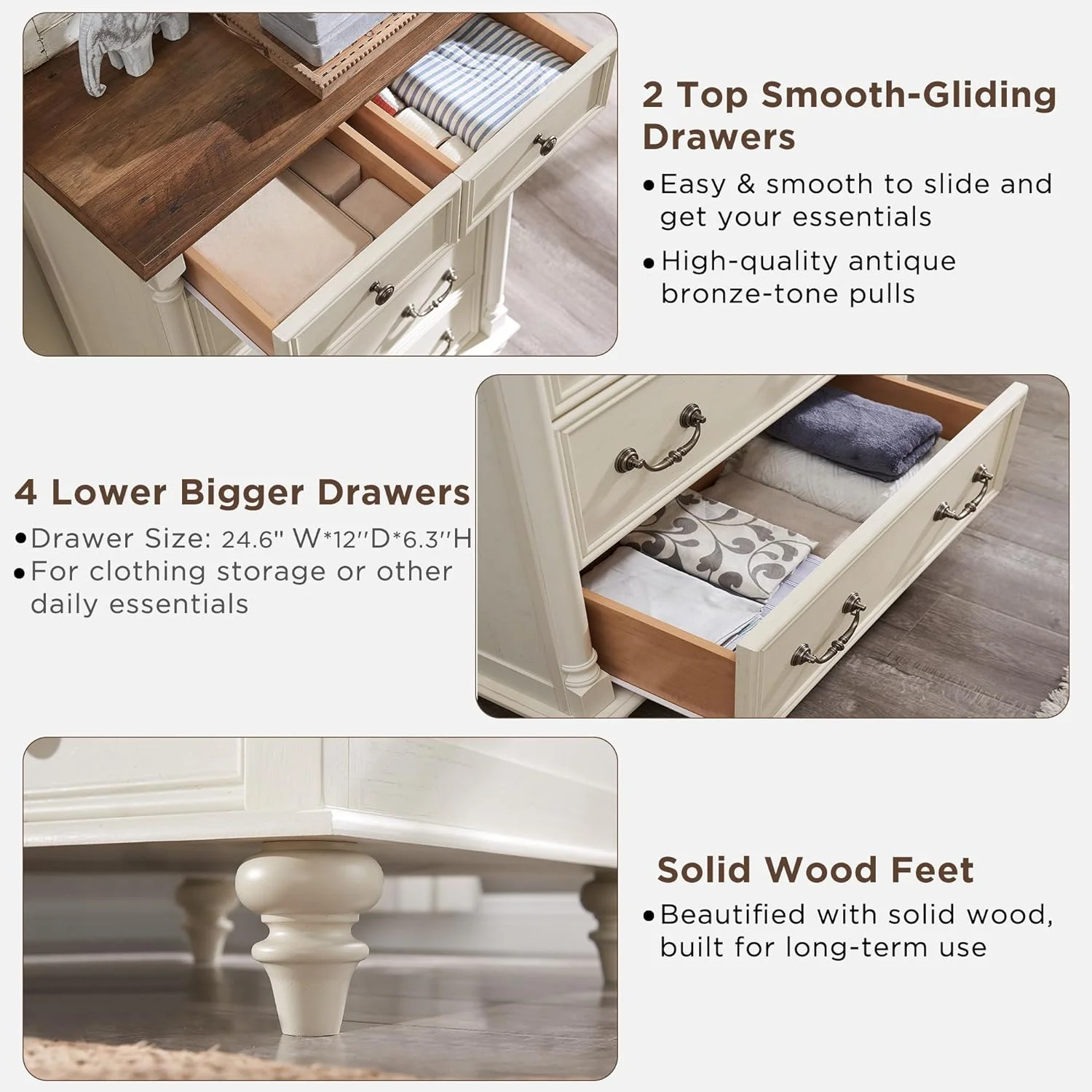 OKD Farmhouse Dresser Chests of 6 Drawers for Bedroom,Dresser Storage Organizer for Living Room, Antique White