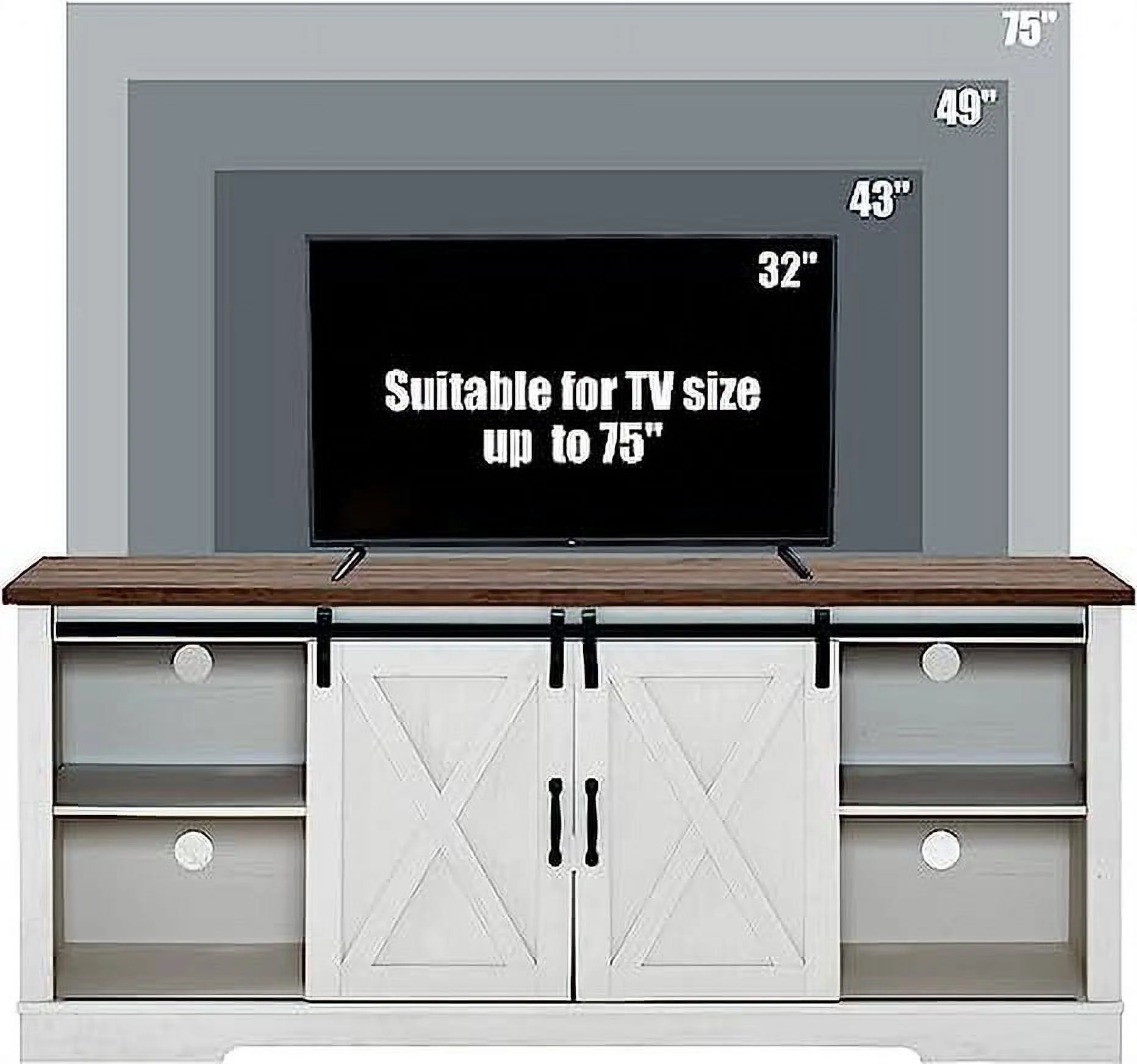 AMERLIFE Farmhouse TV Stand for 75 Inches TVs, 66" Entertainment Center with Siding Barn Door and Adjustable Shelf & Feet, Console Table with Storage, Distressed White & Rustic