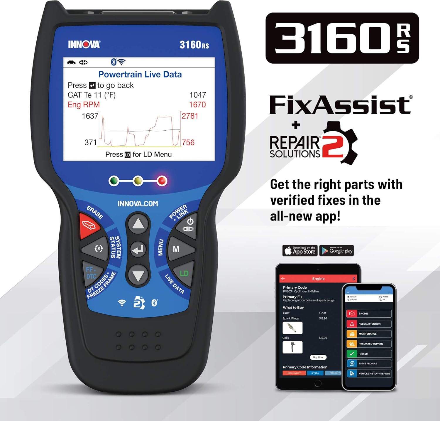 Innova 3160RS Pro OBD2 Scanner/Car Code Reader with Live Data, ABS, SRS, Service Light Reset, EPB, and Network Scan
