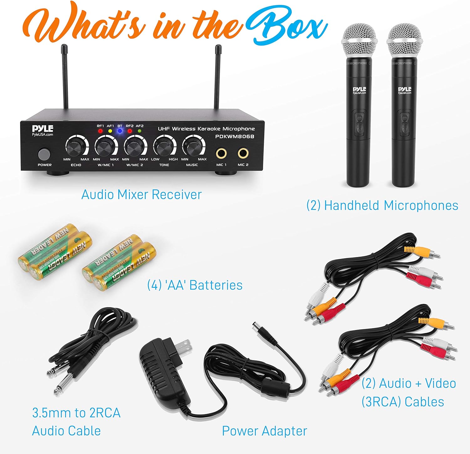 Portable UHF Wireless Microphone System - Battery Operated Dual Bluetooth Cordless Microphone Set, Includes 2 Handheld Transmitter Mic, Mixer Receiver, RCA, for PA Karaoke DJ Party - Pyle PDKWM806B
