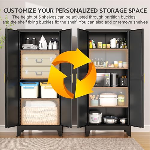 75.2" Tall Metal Pantry Cabinet, Storage Cabinets with 4 Door and 4 Adjustable Shelves, Black Kitchen Pantry Storage Cabinet, Freestanding Cupboard for Kitchen Dining Room Living Room Bathroom