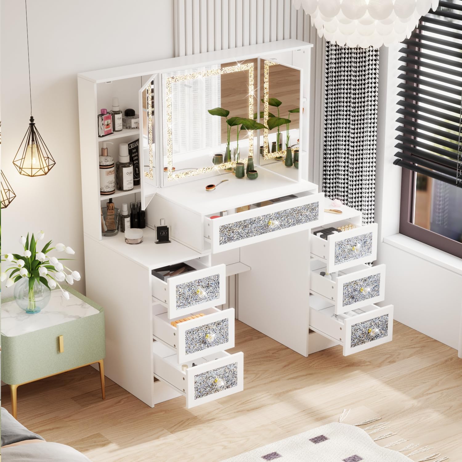 Homsee 43.3" W Luxury Makeup Vanity Desk with Lighted Mirror and Crushed Diamond Trim, Makeup Dressing Table with Storage Shelves and Adjustable Side Mirrors for Bedroom, White