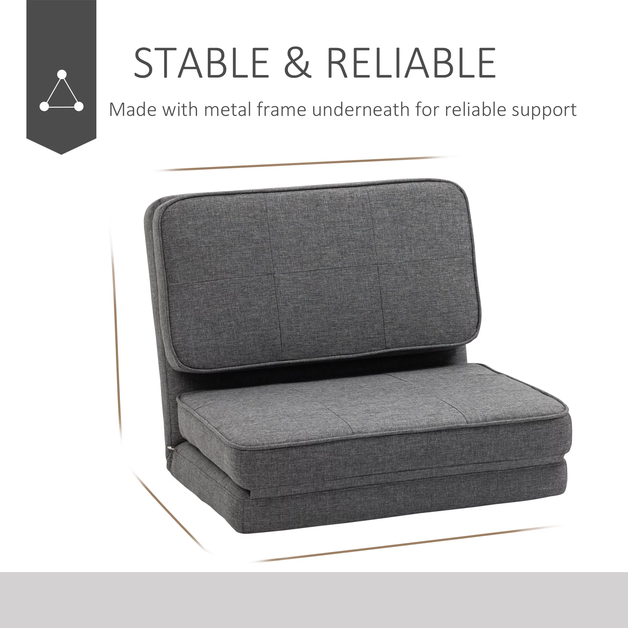 HOMCOM Convertible Flip Chair, Folding Upholstered Floor Sofa, Adjustable Guest Chaise Lounge, Dorm Bed with Metal Frame for Living Room and Bedroom, Dark Grey