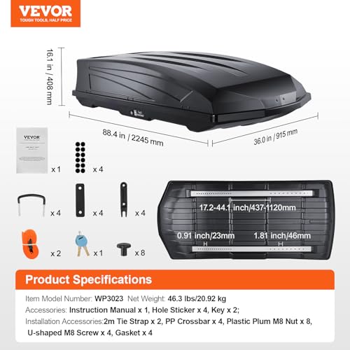 VEVOR Rooftop Cargo Carrier, 22 Cubic Feet Roof Cargo Box, ABS Hard Shell Roof Box, with Dual-Sided Opening and 2 Reinforced Straps, Aerodynamic, Suitable for most Crossbar, for Car, Wagon, SUV, Black