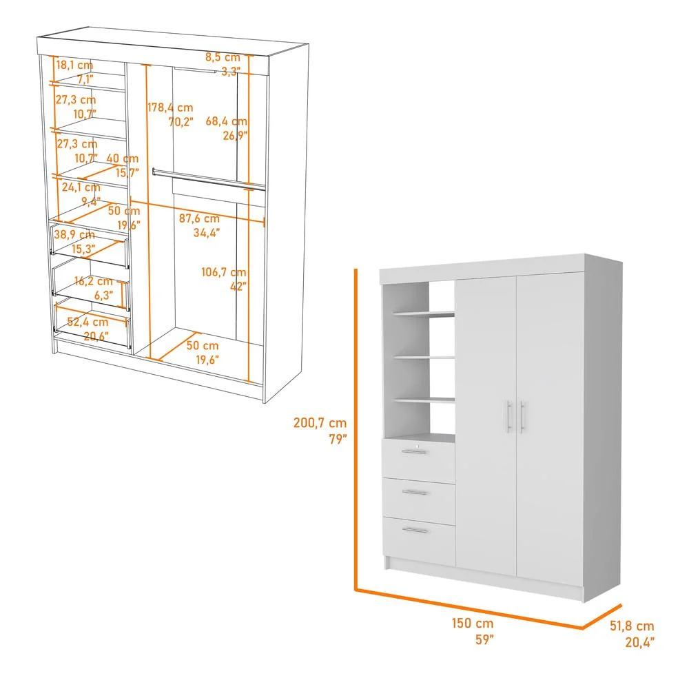 FM FURNITURE LLC Tempe 3 Drawers Armoire ,White