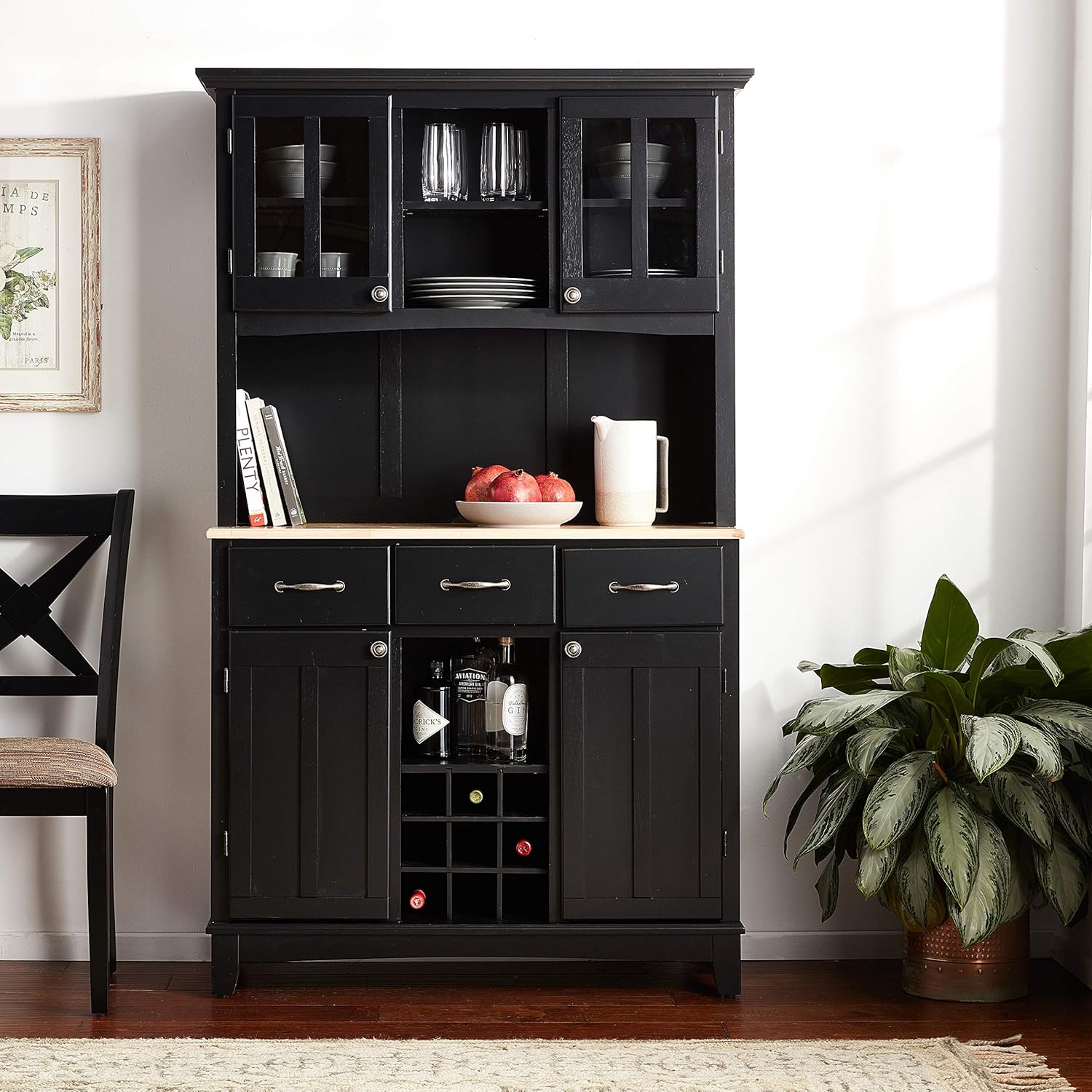 Homestyles Black Natural Wood Top Buffet Server and Hutch