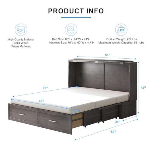 PUREMIND Queen Murphy Bed Cabinet with 2 Storage Drawers, Hideaway Murphy Chest Bed with Mattress, Cabinet Beds Wallbed with USB Charging Station for Bedroom, Guest Room