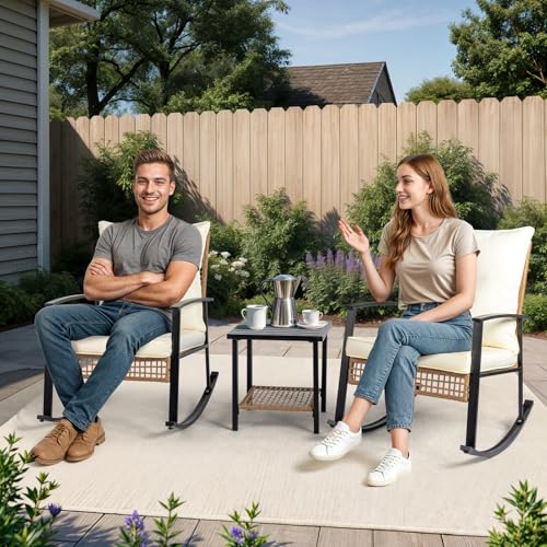 Outvita 3-Piece Outdoor Rocking Bistro Set, Patio Furniture Set w/Soft Thick Cushions & 2-Tier Coffee Table, Rattan Conversation Wicker Rocking Chairs for Garden, Balcony, Backyard, Poolside