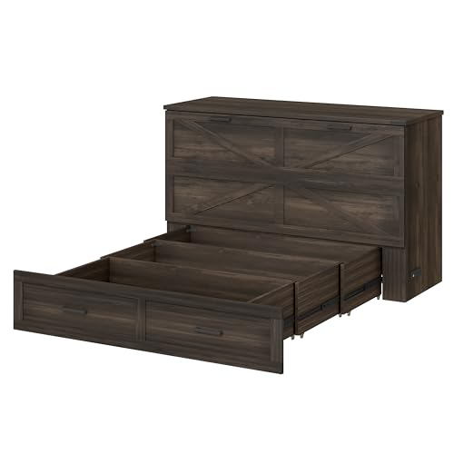 Bellemave Queen Murphy Bed, Cabinet Bed with Charging Station and Storage, Farmhouse Murphy Cabinet with Foldable Panel, Noisy Free, for Guest Bedroom, Living Room, Office, Rustic Gray