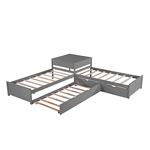 Harper & Bright Designs L-Shaped Corner Platform Beds with Trundle, Wood Double Twin Size Beds with 2 Drawers, Built-in Table for Family Kids Teens Bedroom Furniture (Grey)
