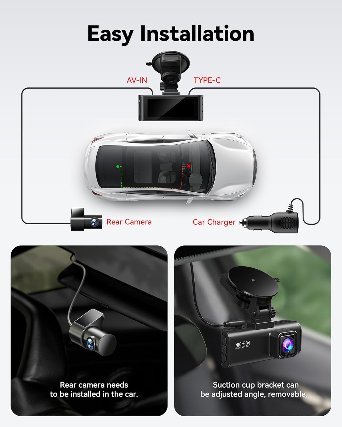Dash Cam Front Rear, 4K/2.5K Full HD Dash Camera for Cars, Free 32GB Card, Built-in Wi-Fi GPS, 3.16” IPS Screen, Night Vision, 170°Wide Angle, WDR, 24H Parking Mode