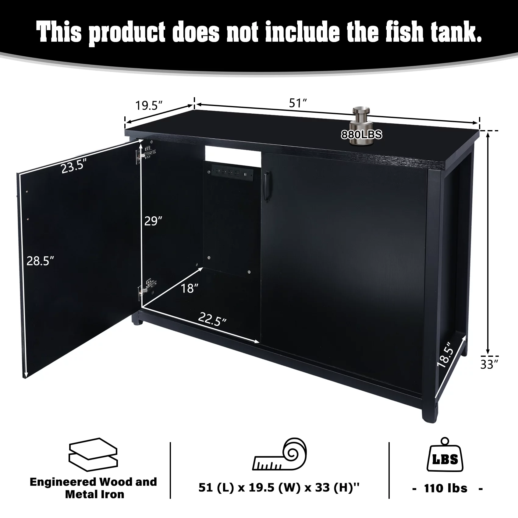 TC-HOMENY 55-75 Gallon Aquarium/Fish Tank Stand with Cabinet and Charging Station/Power Outlets, Black