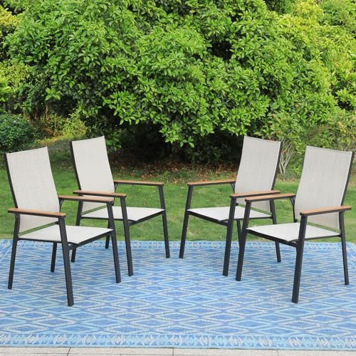 PHI VILLA Outdoor Stackable Dining Chairs Set of 6（Beige,Lightweight Aluminum Frame with Textilene Fabric & Wider Armrest,Easy to Store,Outdoor Chairs for Garden,Lawn