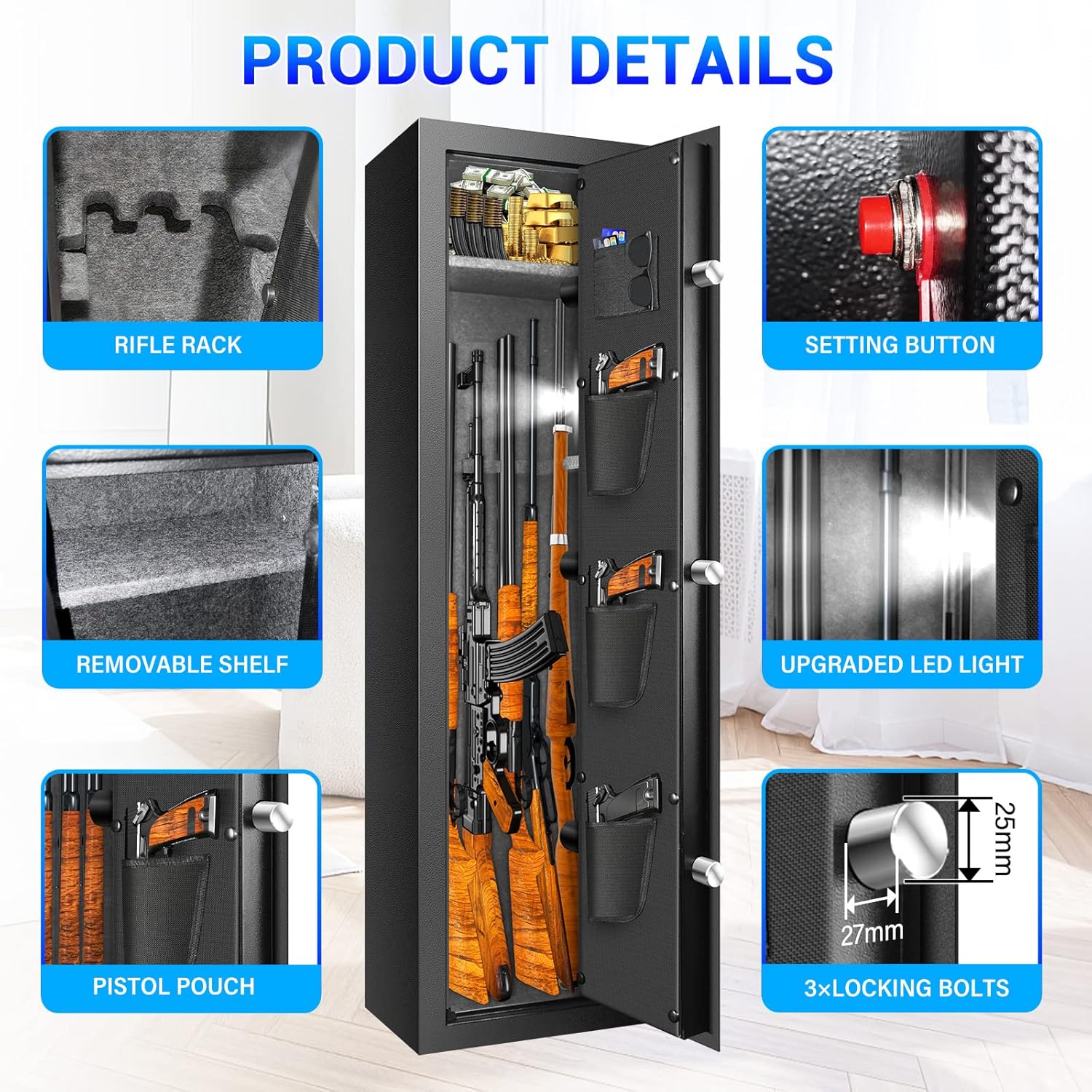 Fireproof Gun Safes for Home Rifle and Pistols, Heavy Duty Anti-Theft Long Gun Safes for Rifles and Shotguns with 3 Pistol Pockets, Gun Safe Rifle with LCD Digital Screen Removable Shelf(US Stock)