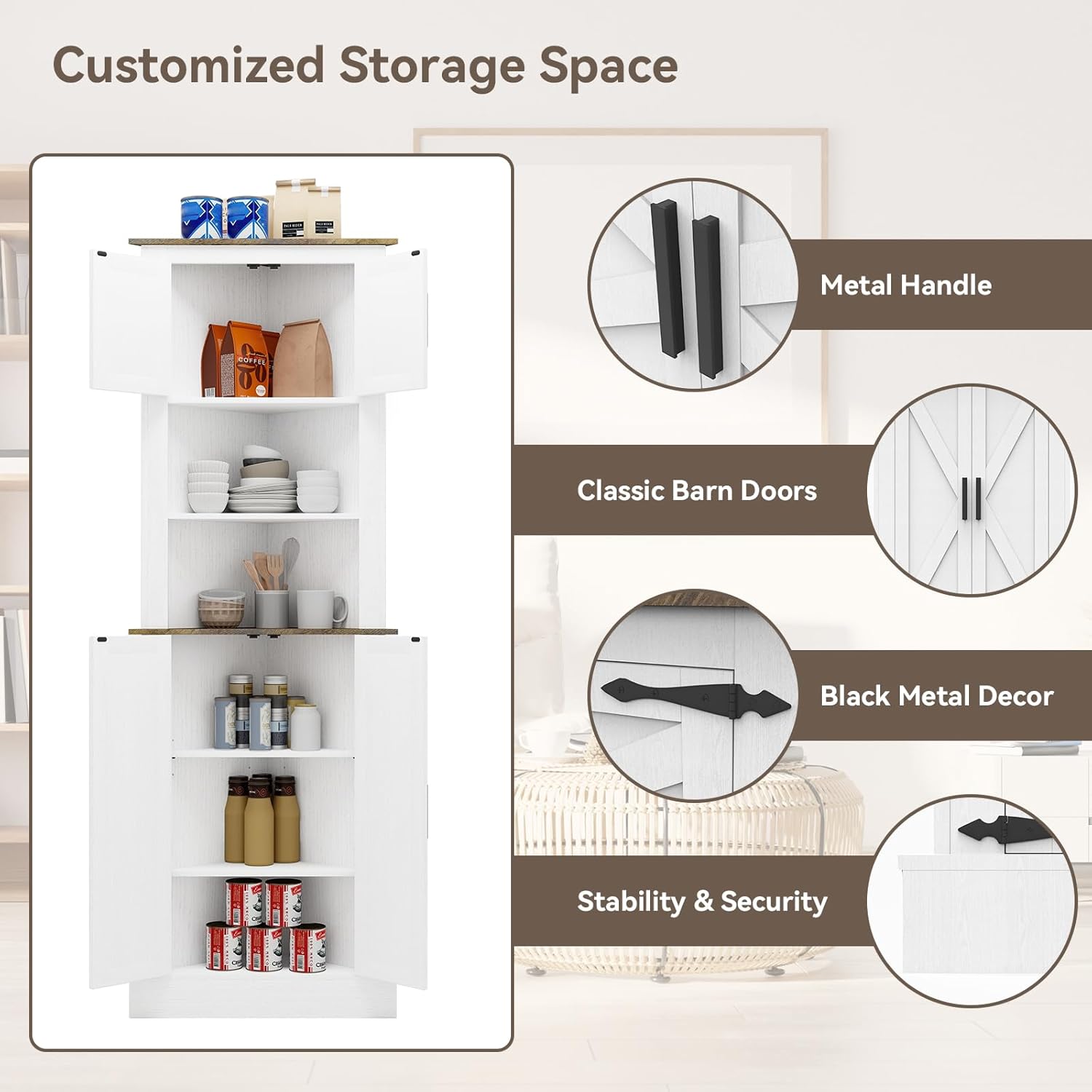 ELECWISH Tall Corner Cabinet, 68" Farmhouse Bathroom Storage Cabinet, 5-Tier Kitchen Pantry Corner Cabinet with 4 Barn Doors & Adjustable Shelves,Home Space Saver, White